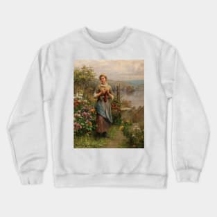 Young Woman Knitting by Daniel Ridgway Knight Crewneck Sweatshirt